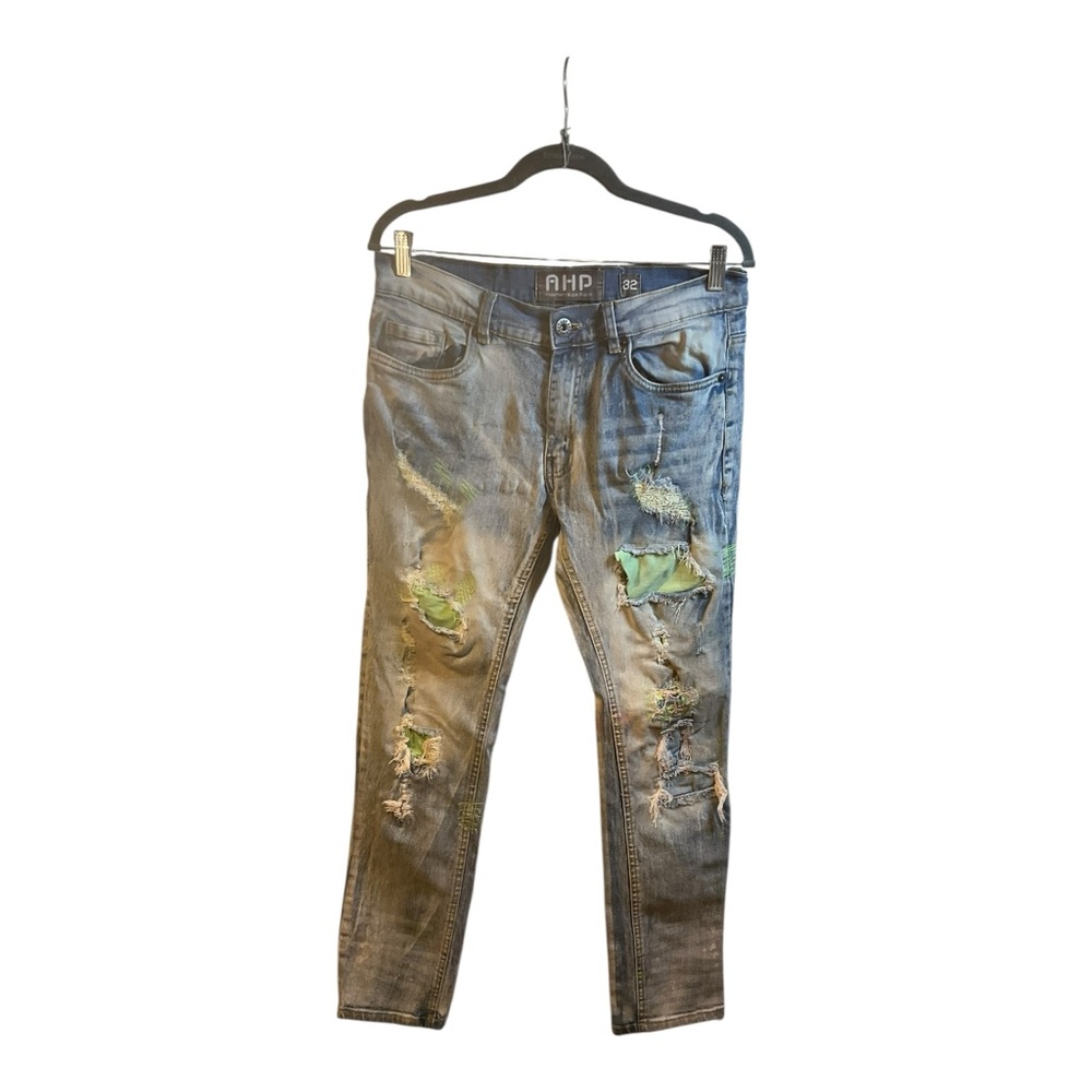 AHP Another Hype Piece Jeans Men's 32 X 32 Blue Skinny Paint Distressed Patched